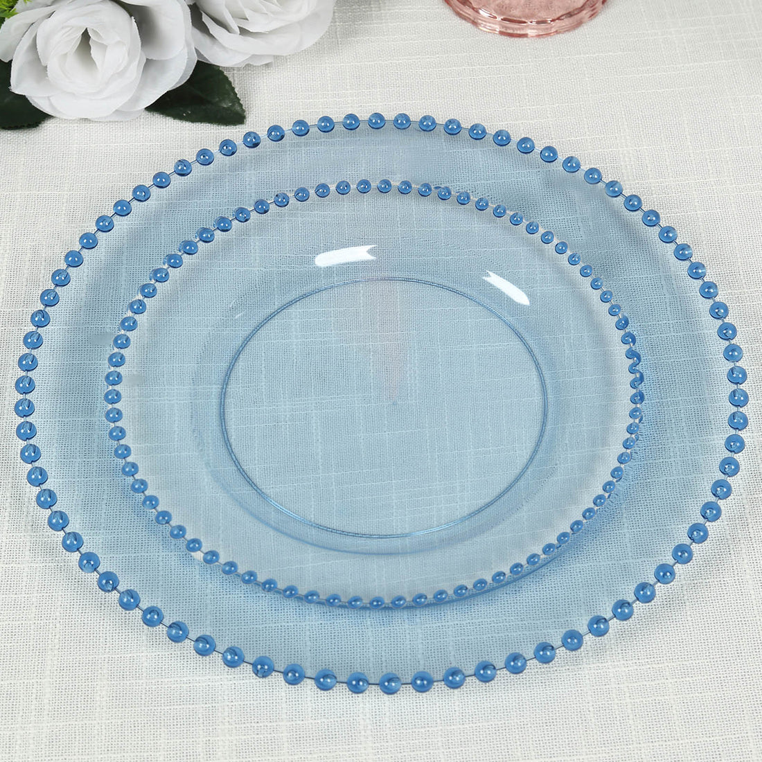 10 Pack Transparent Dusty Blue Plastic Dessert Plates with Beaded Rim, Disposable Round