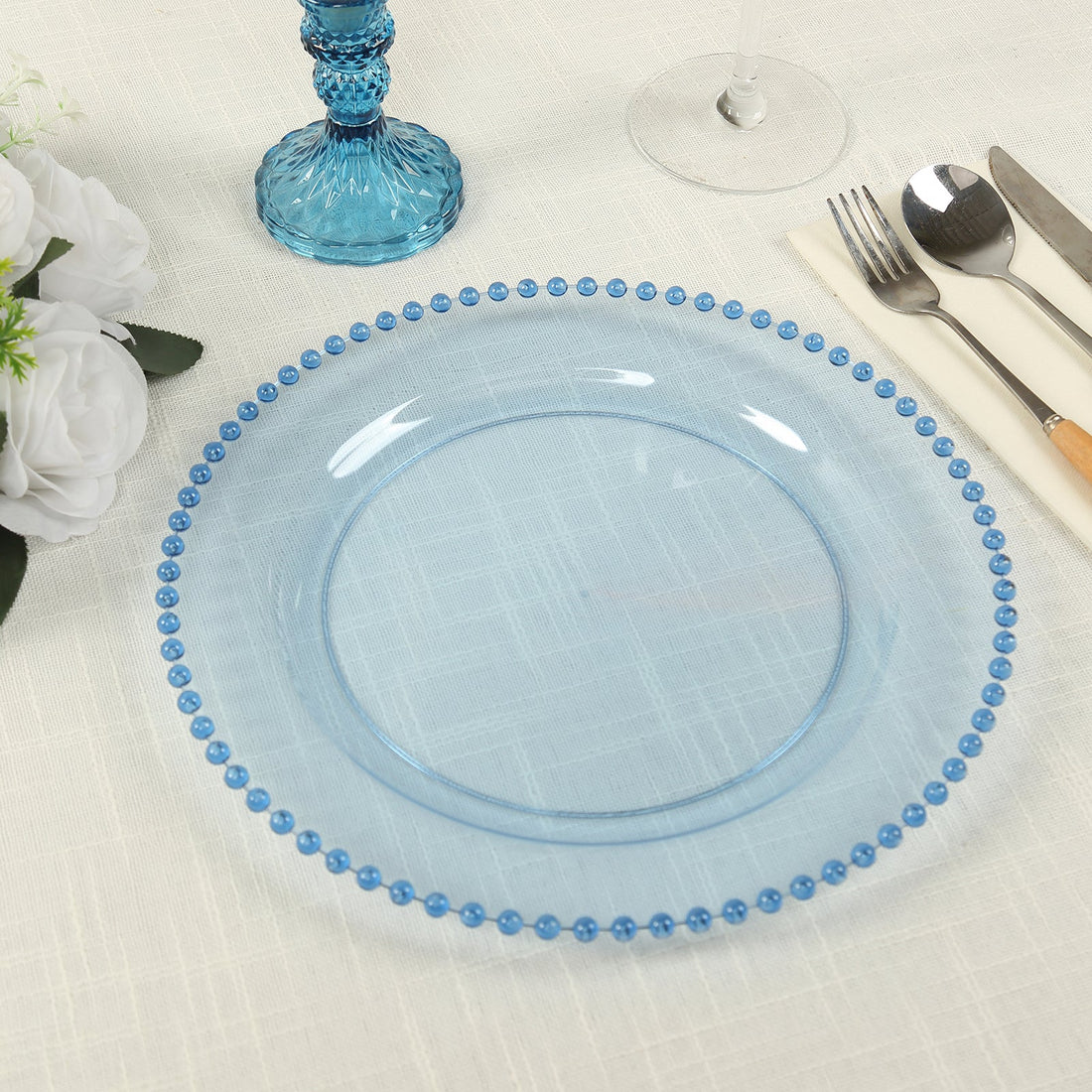 10 Pack Transparent Dusty Blue Plastic Dinner Plates with Beaded Rim, Round Disposable