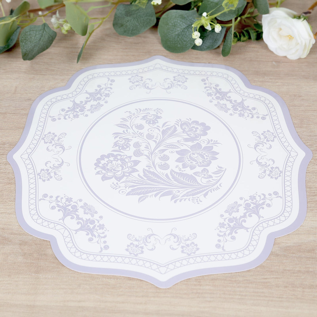 10-Pack Disposable Table Placemats 13inch White with Lavender Damask Floral Pattern & Scalloped Rim