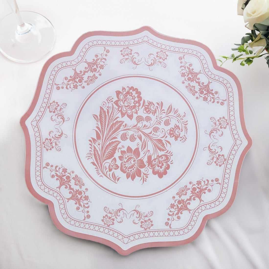10-Pack Disposable Table Placemats 13inch White with Pink Damask Floral Pattern & Scalloped Rim
