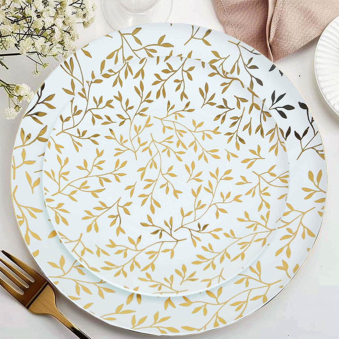 10 Pack White Round Plastic Salad Dessert Plates with Gold Leaf Design, Heavy Duty Disposable Party 