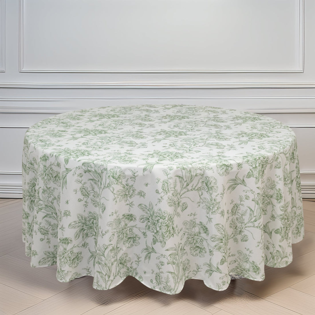 Polyester Round Tablecloth White with Dusty Sage Green French Toile Pattern
