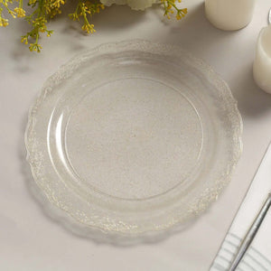 12-Pack Plastic Round Salad Plates 7" Clear with Gold Glitters & Floral Edge - Disposable Appetizer Salad Plates for Chic Events & Banquets