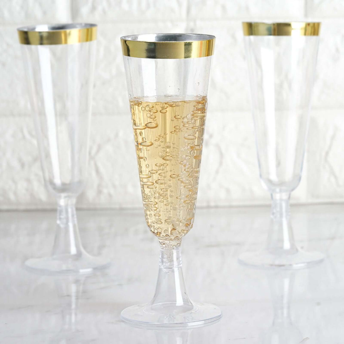 12 Pack Clear Plastic Champagne Flutes with Gold Rim, 5oz Transparent Disposable Toasting Cocktail