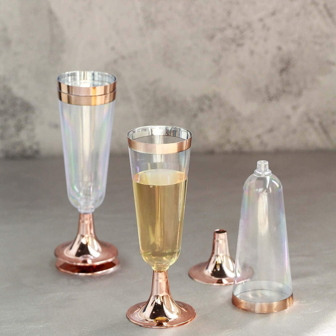 Plastic 5oz Champagne Flutes, Disposable Champagne Glasses with Rose Gold Rimmed and Detachable Base