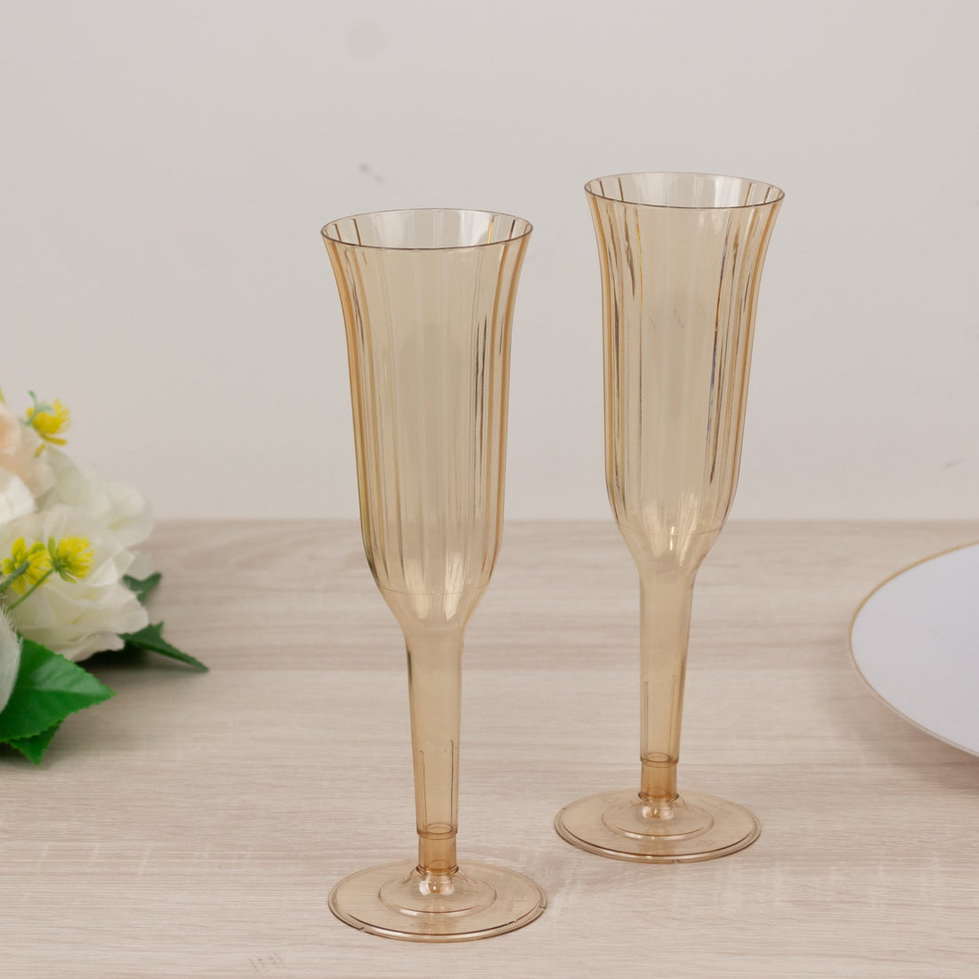12-Pack Plastic Champagne Flutes 6oz Transparent Amber Gold Flared Design - Disposable Glasses