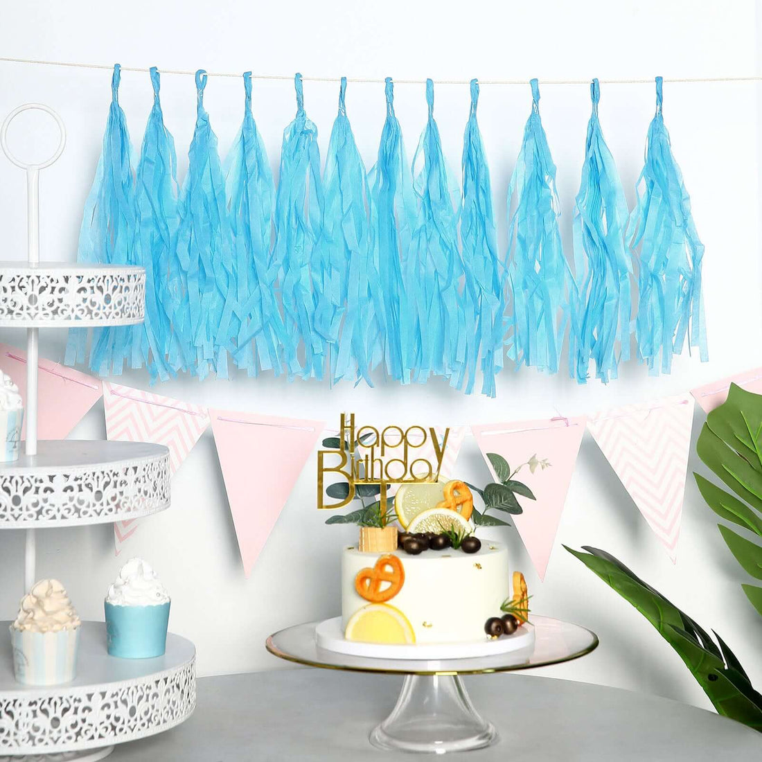 12 Pack | Pre-Tied Turquoise Tissue Paper Tassel Garland With String, Hanging Fringe Party Streamer Backdrop Decor