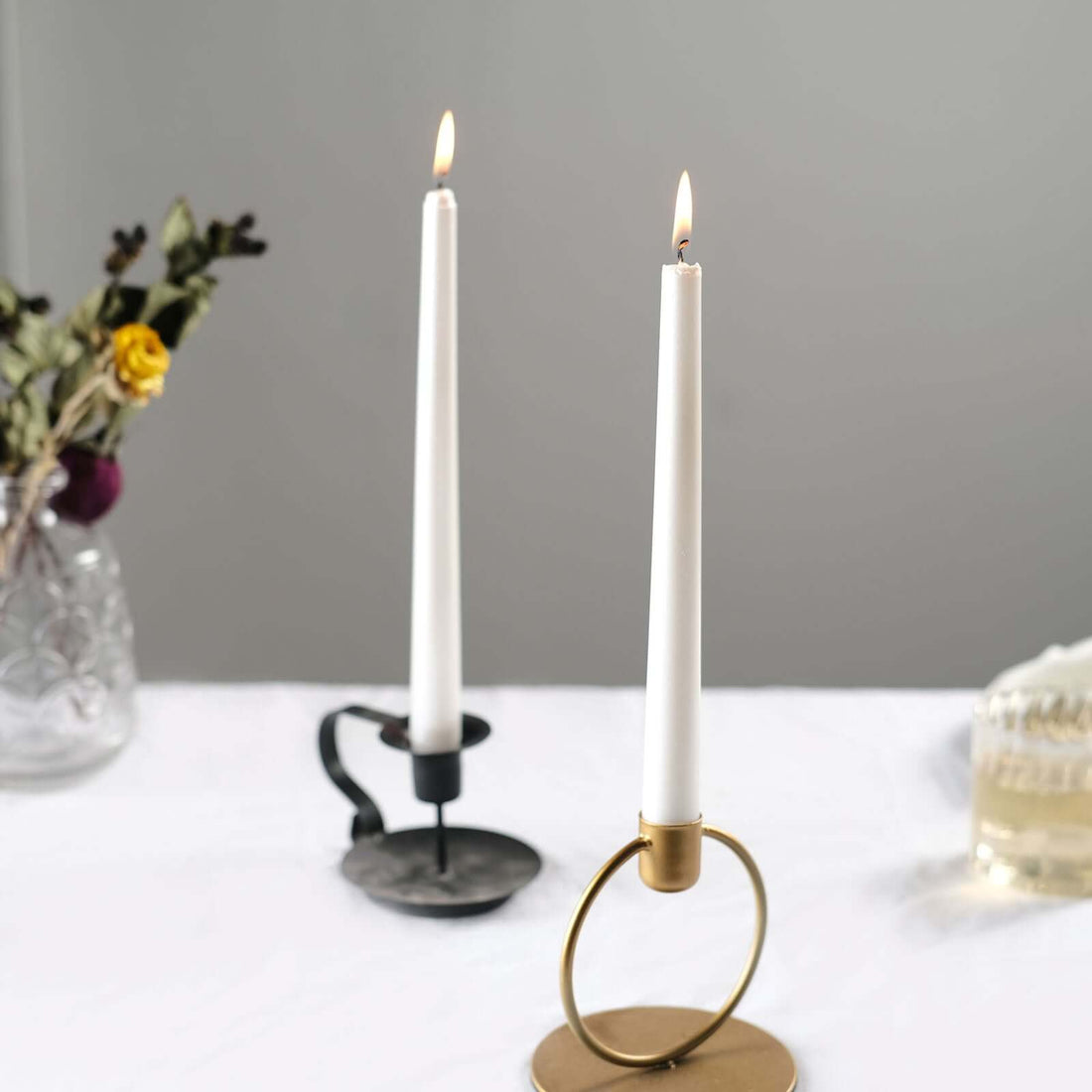 10 Inch Metallic Pearl White Premium Unscented Taper Candles 12 Pack