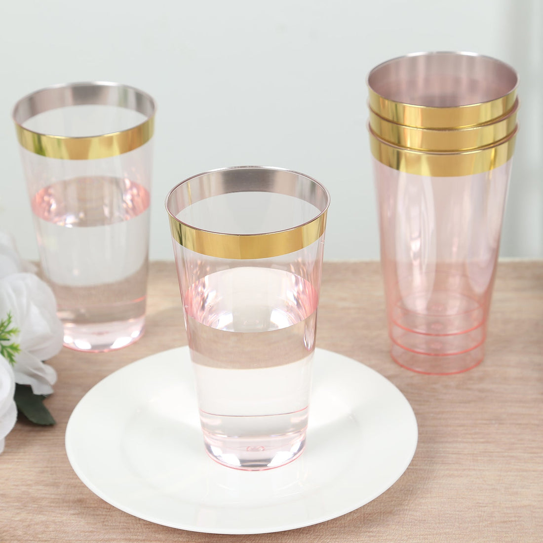 12 Pack Transparent Blush Plastic Party Cups with Gold Rim, 17oz Disposable Cups Drinking Tumblers