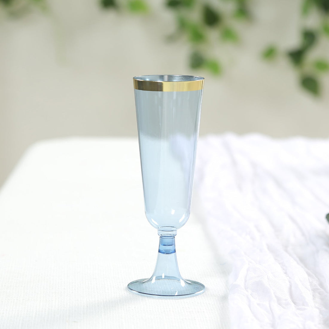 12 Pack Transparent Dusty Blue Plastic Champagne Flutes with Gold Rim, 5oz 
