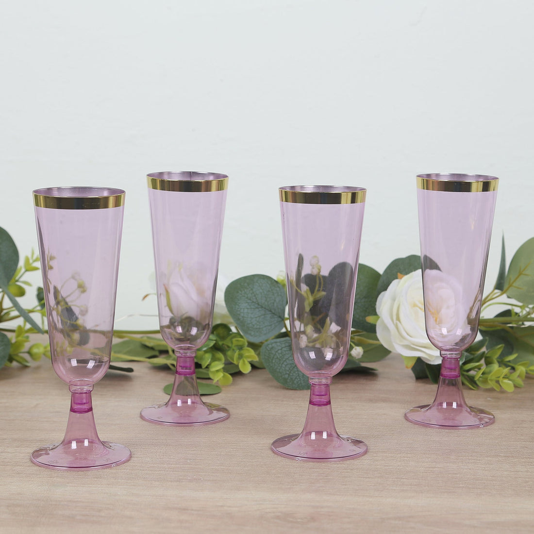 12 Pack Transparent Purple Plastic Champagne Flutes with Gold Rim, 5oz Disposable Toasting Cocktail