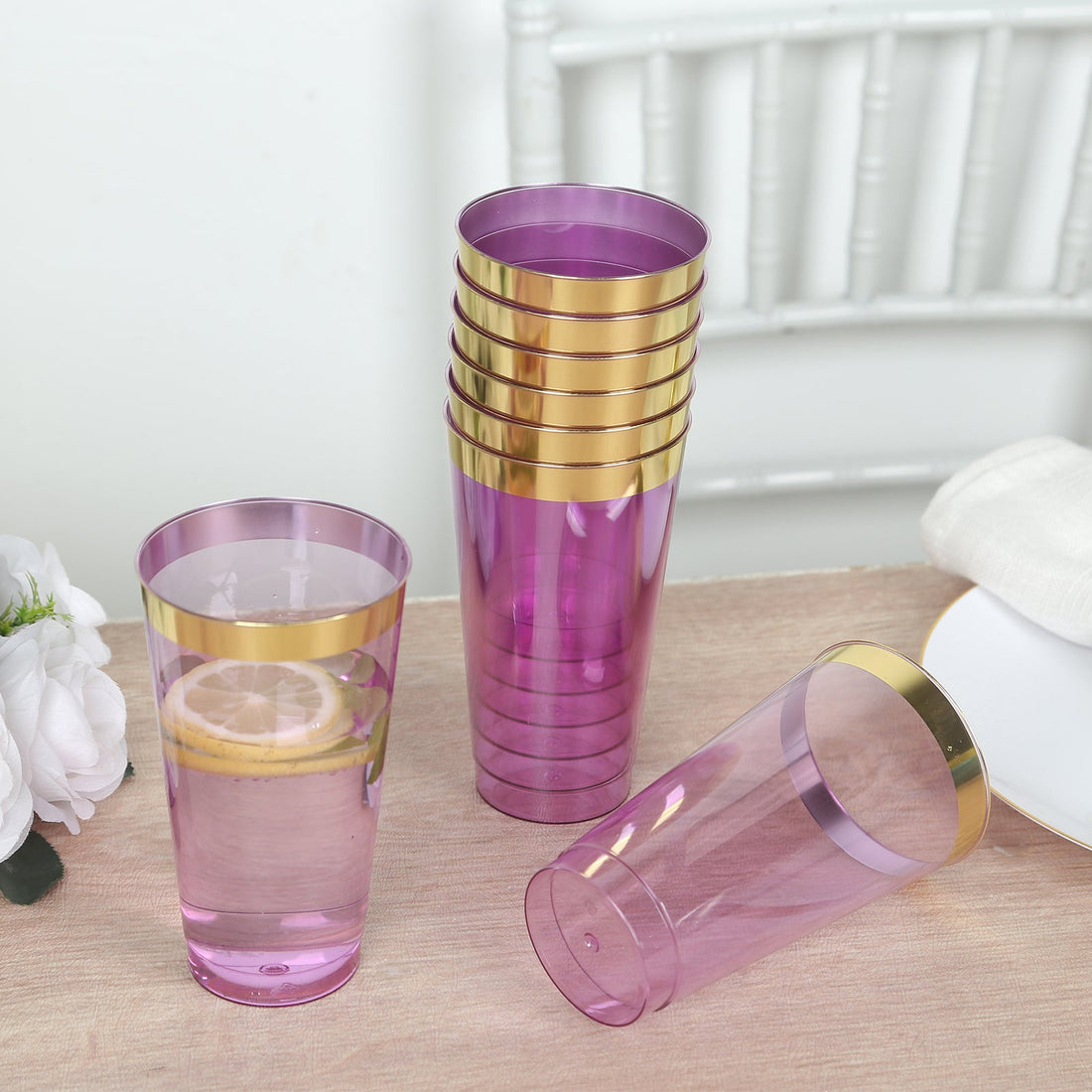 12 Pack Transparent Purple Plastic Party Cups with Gold Rim, 17oz Disposable Cups Drinking Tumblers