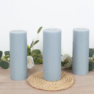 12-Pack Unscented Pillar Candles – Dripless 3"x8" Dusty Blue