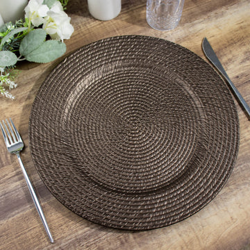 6 Pack Natural Brown Acrylic Plastic Rattan-Like Charger Plates, Round Disposable Dinner Serving Plates 13"