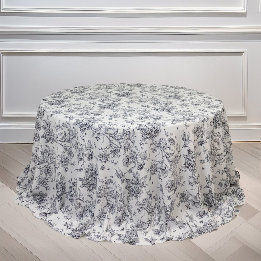 Polyester Round Tablecloth 132inch White with Black French Toile Pattern