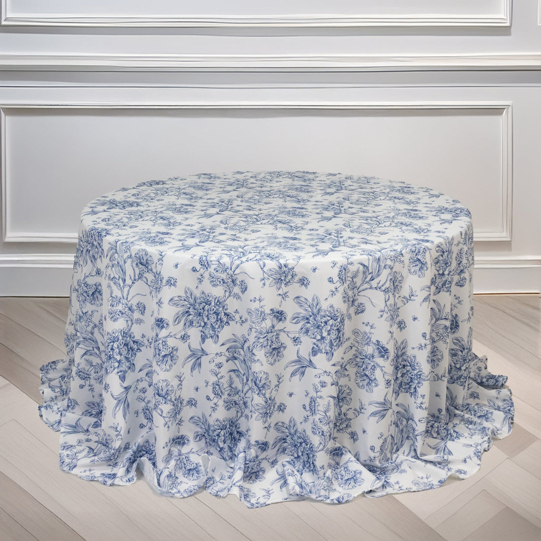 Polyester Round Tablecloth 132inch White with Blue French Toile Pattern