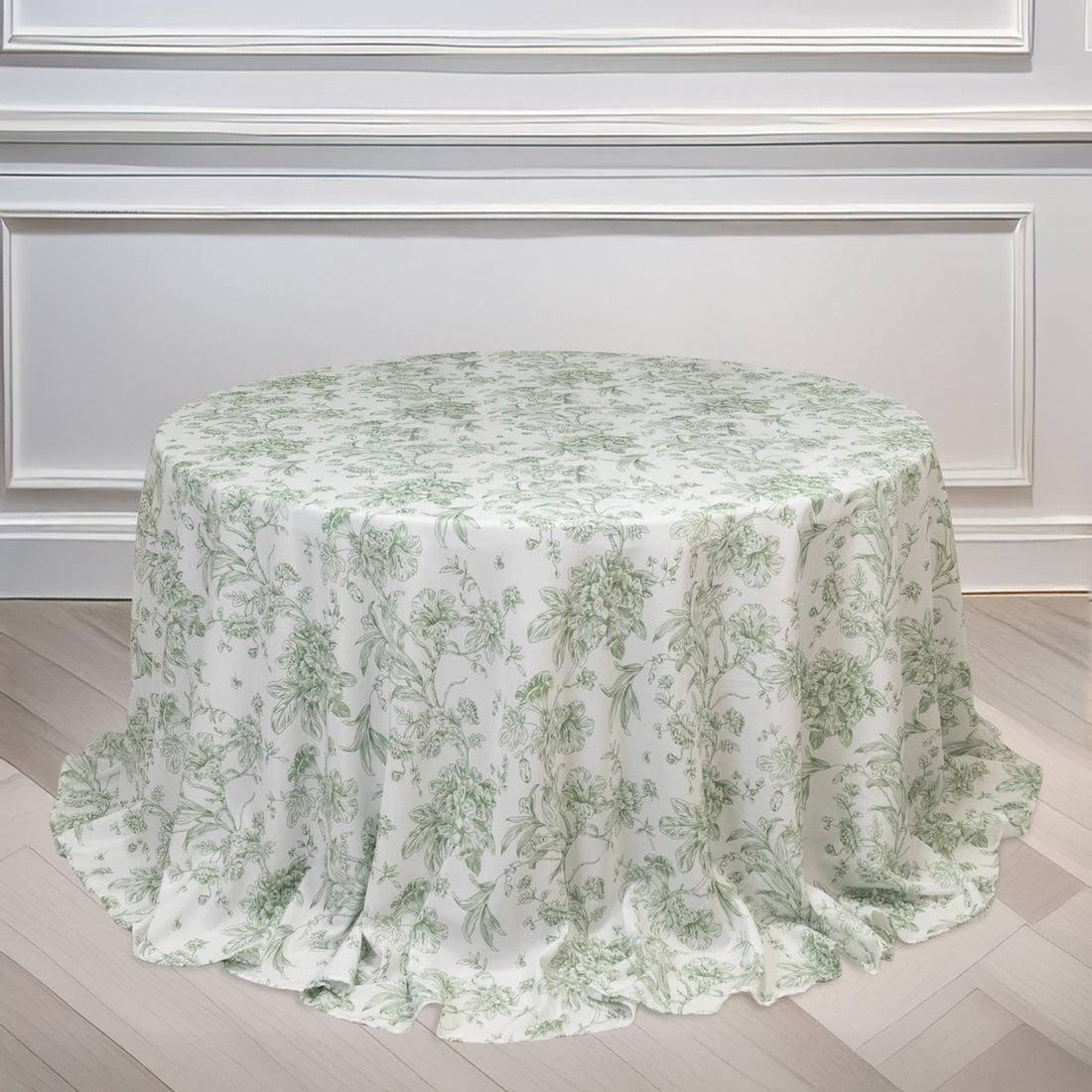 Polyester Round Tablecloth White with Dusty Sage Green French Toile Pattern