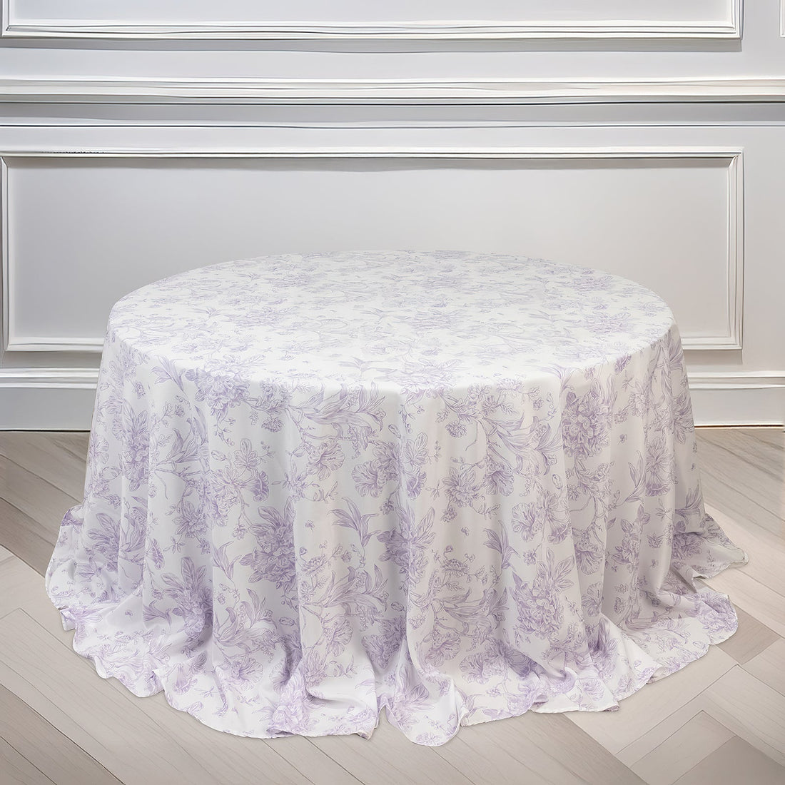 Polyester Round Tablecloth 132inch White with Lavender Lilac French Toile Pattern