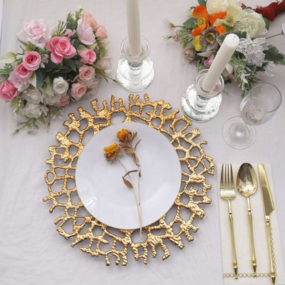 6-Pack Acrylic Charger Plates 13" Round Gold Molten Branch Design - Plastic Hollow Lace Decorative Dinner Party Charger Tableware