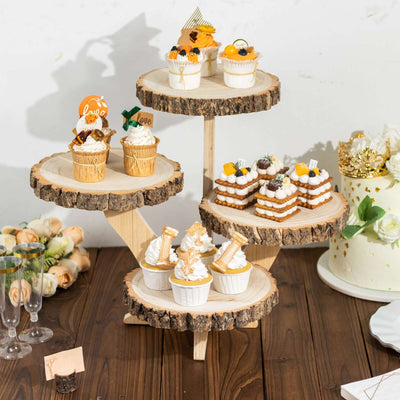 4-Tier Wooden Cupcake Stand 15" Tall Farmhouse Style Natural Wood Slice Design - Rustic Dessert Display Cake Holder