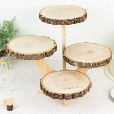 4-Tier Wooden Cupcake Stand 15" Tall Farmhouse Style Natural Wood Slice Design - Rustic Dessert Display Cake Holder