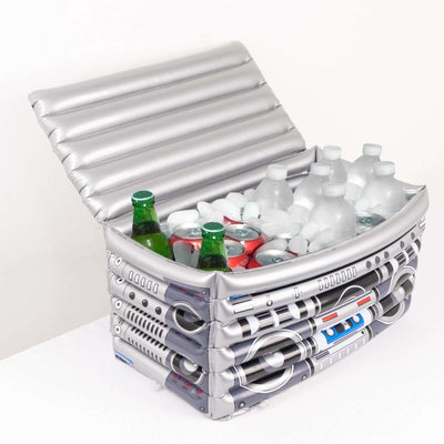 Silver Inflatable Ice Beverage Cooler 80's Boom Box Design 24"x12" - Pool Party Drink Container