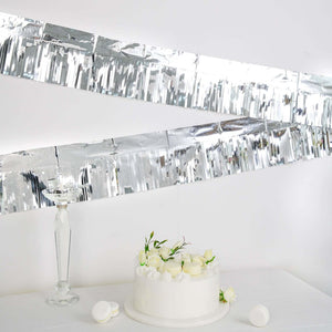 Metallic Silver Foil Tassel Fringe Backdrop Banner, Tinsel Garland Decor 16ft