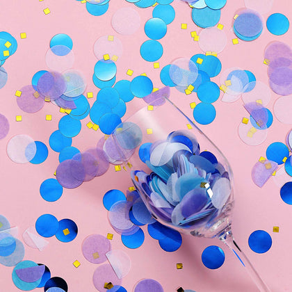 18G Bag Purple Theme Tissue Paper and Foil Table Confetti Mix, Blue, Gold, Purple, Royal Blue, and White Balloon Confetti Decor - Festive Design