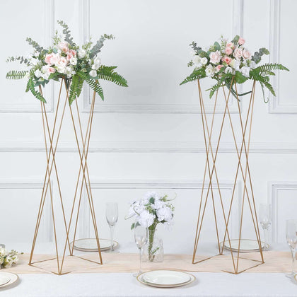 2-Pack Metal Pedestal Stands 32" Gold Geometric Crisscross Design - Open Column Wedding Centerpieces