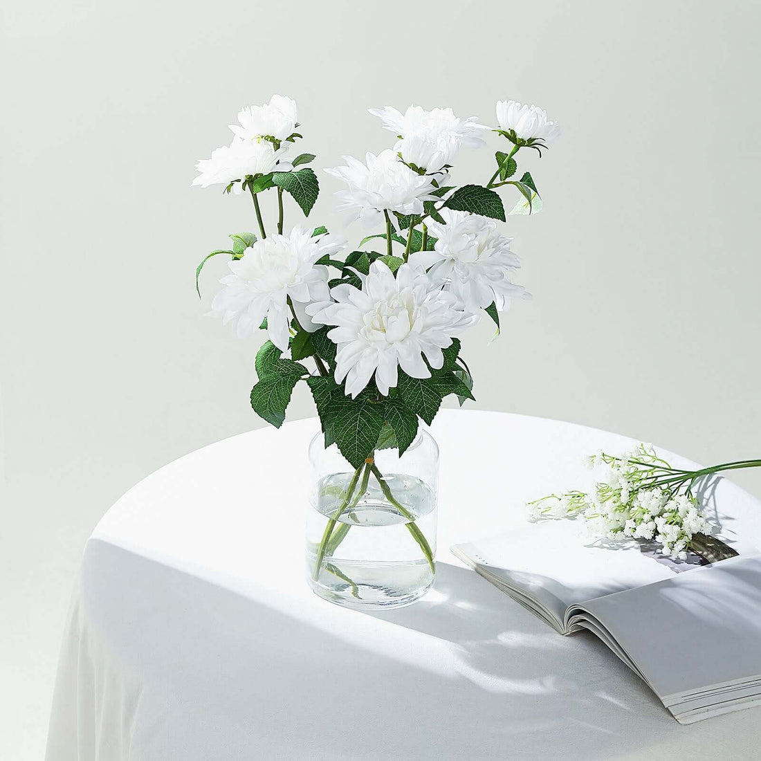 30" Tall White Artificial Dahlia Silk Flower Stems, Faux Floral Spray