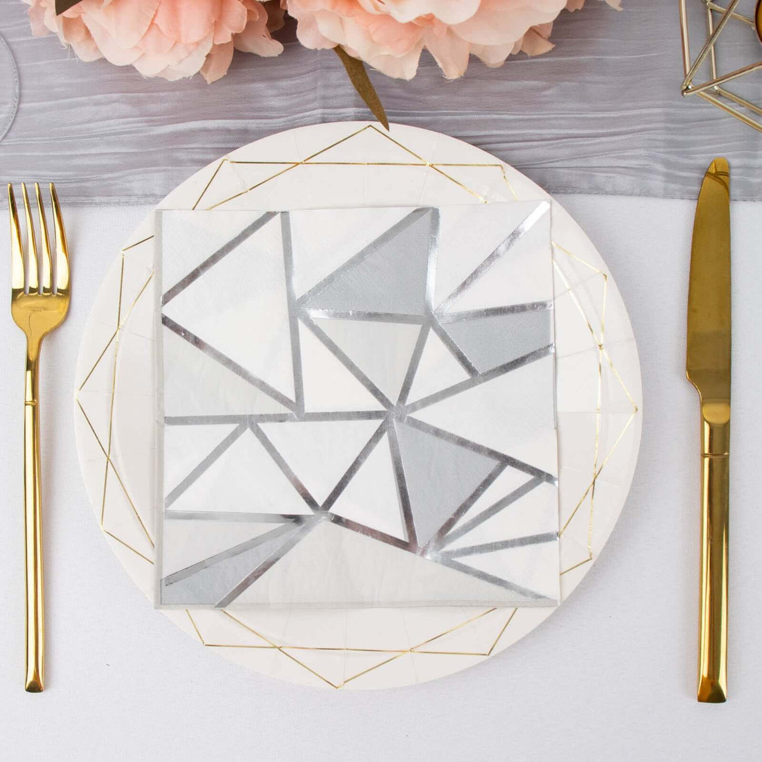 20 Pack | 2 Ply Soft Geometric Silver Foil Paper Party Napkins