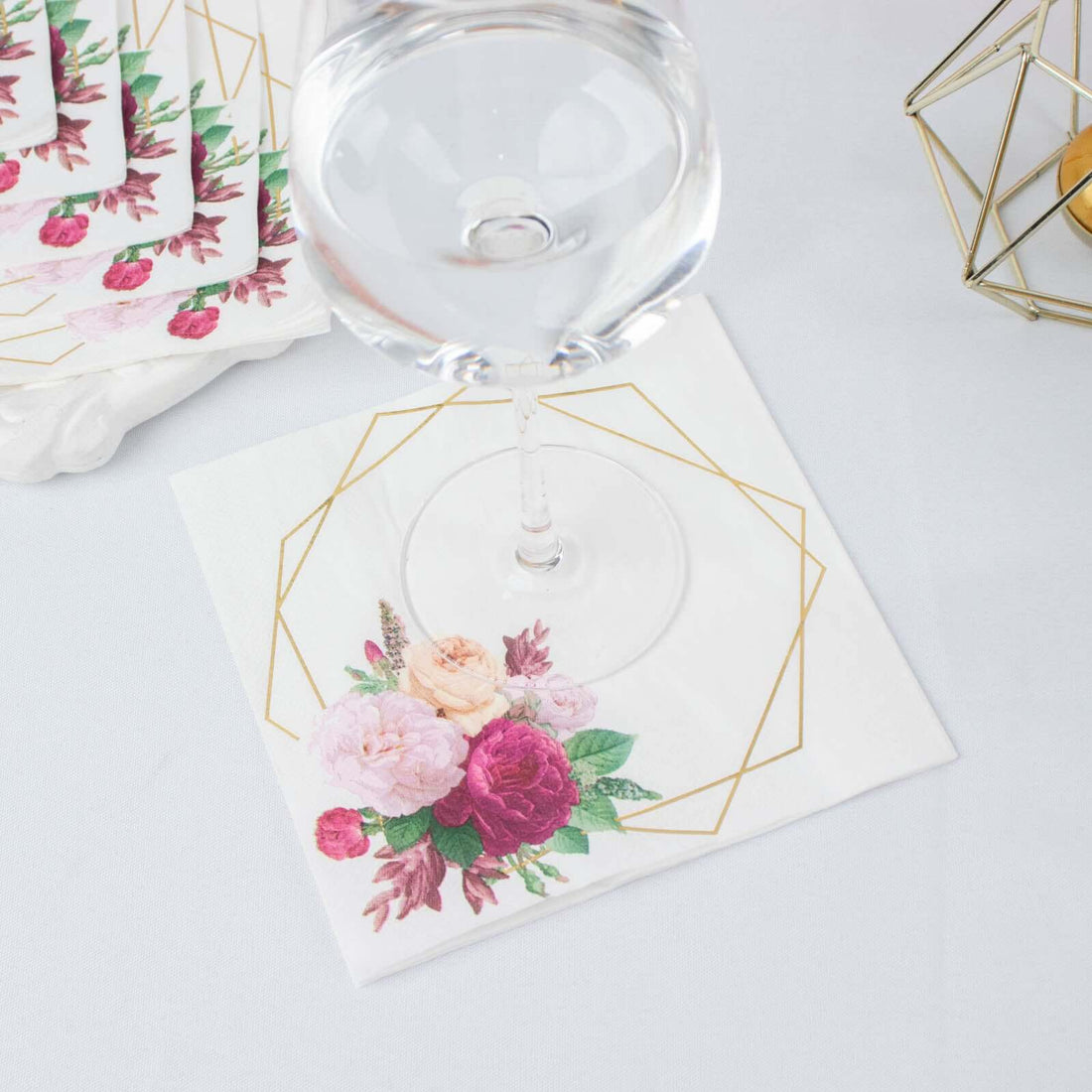 20 Pack | 2 Ply Soft White / Gold Hexagon Frame Floral Paper Napkins