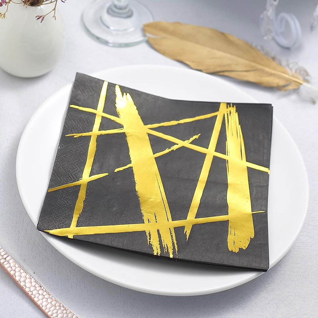 20 Pack - 3 Ply Metallic Gold Streaks Design Black Paper Dinner Napkins - Wedding Cocktail Napkins