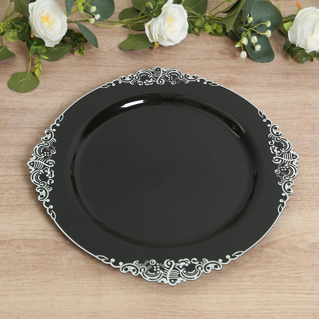20-Pack Economy Plastic Charger Plates 13inch Round Black with Silver Embossed Baroque Rim