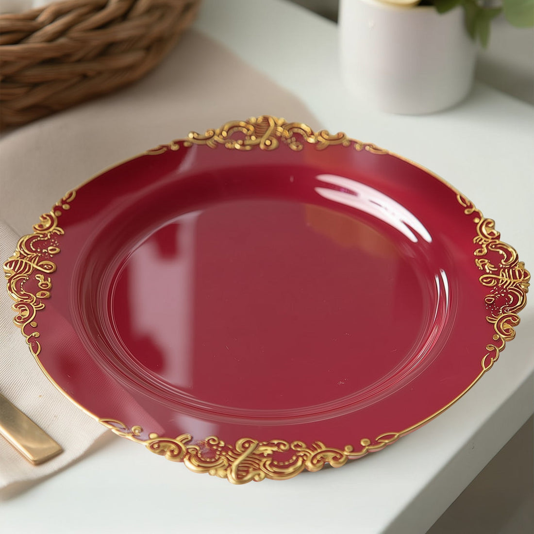 20-Pack Economy Plastic Charger Plates 13inch Round Burgundy with Gold Embossed Baroque Rim