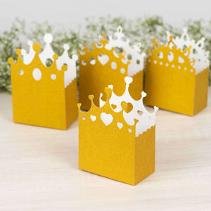 20-Pack Cardstock Favor Boxes 3.5"x 2"x 5" Gold Glitter Princess Crown Design - Dazzling Candy Treat Bags for Glam Enchanted Fairy Tale Themed Events & Parties