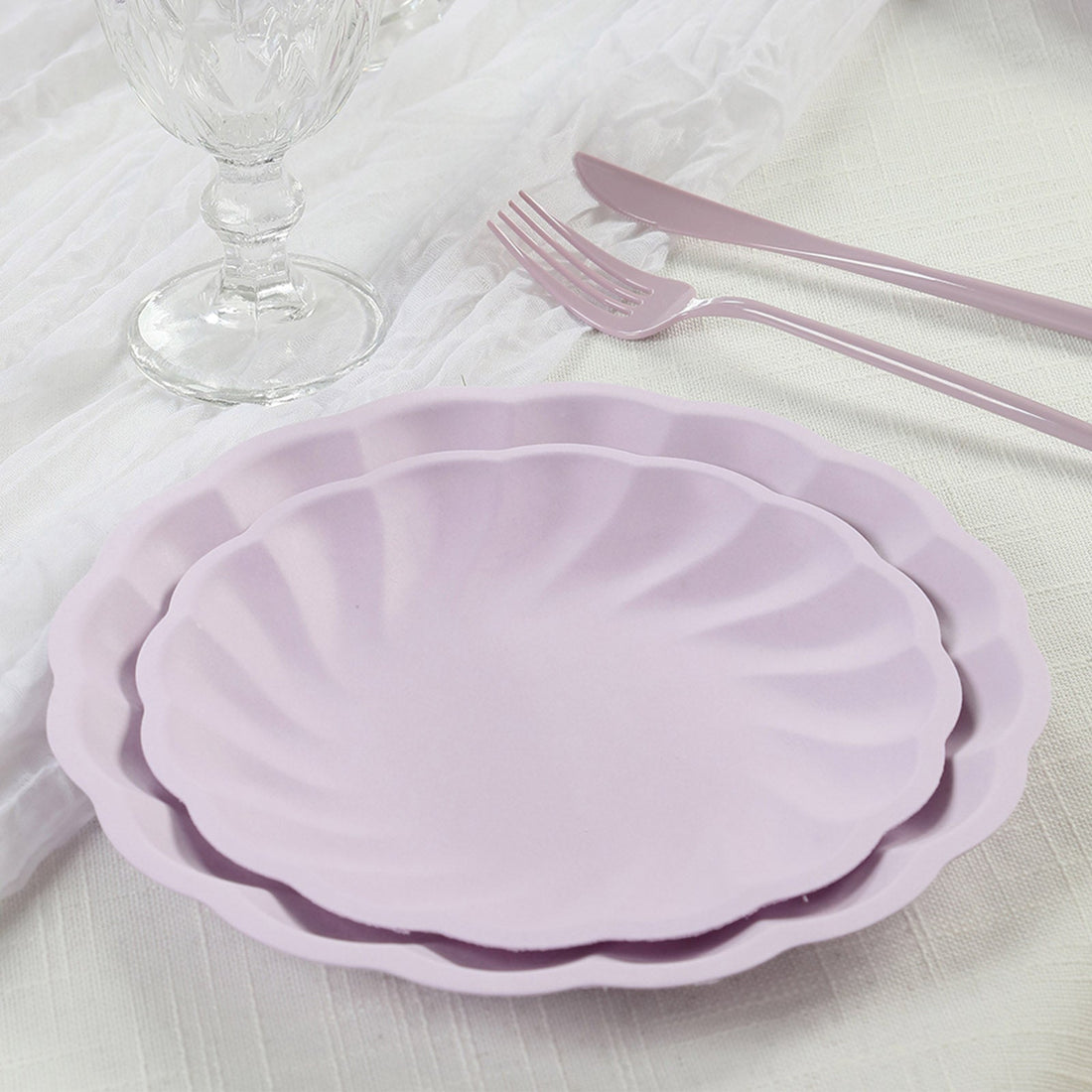 20 Pack Composable Dessert Plates – 7inch Lavender Lilac Swirl Scalloped Salad Plates