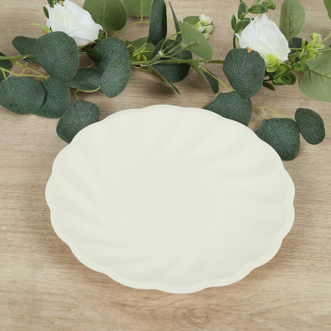 20 Pack Composable Dinner Plates – Cream Swirl Scalloped Pastel Color Party Plates, Biodegradable