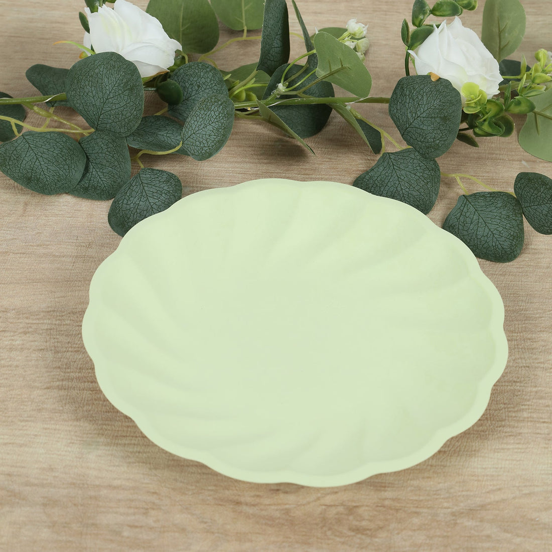 20 Pack Composable Dinner Plates Sage Green Swirl Scalloped Pastel Color Party Plates