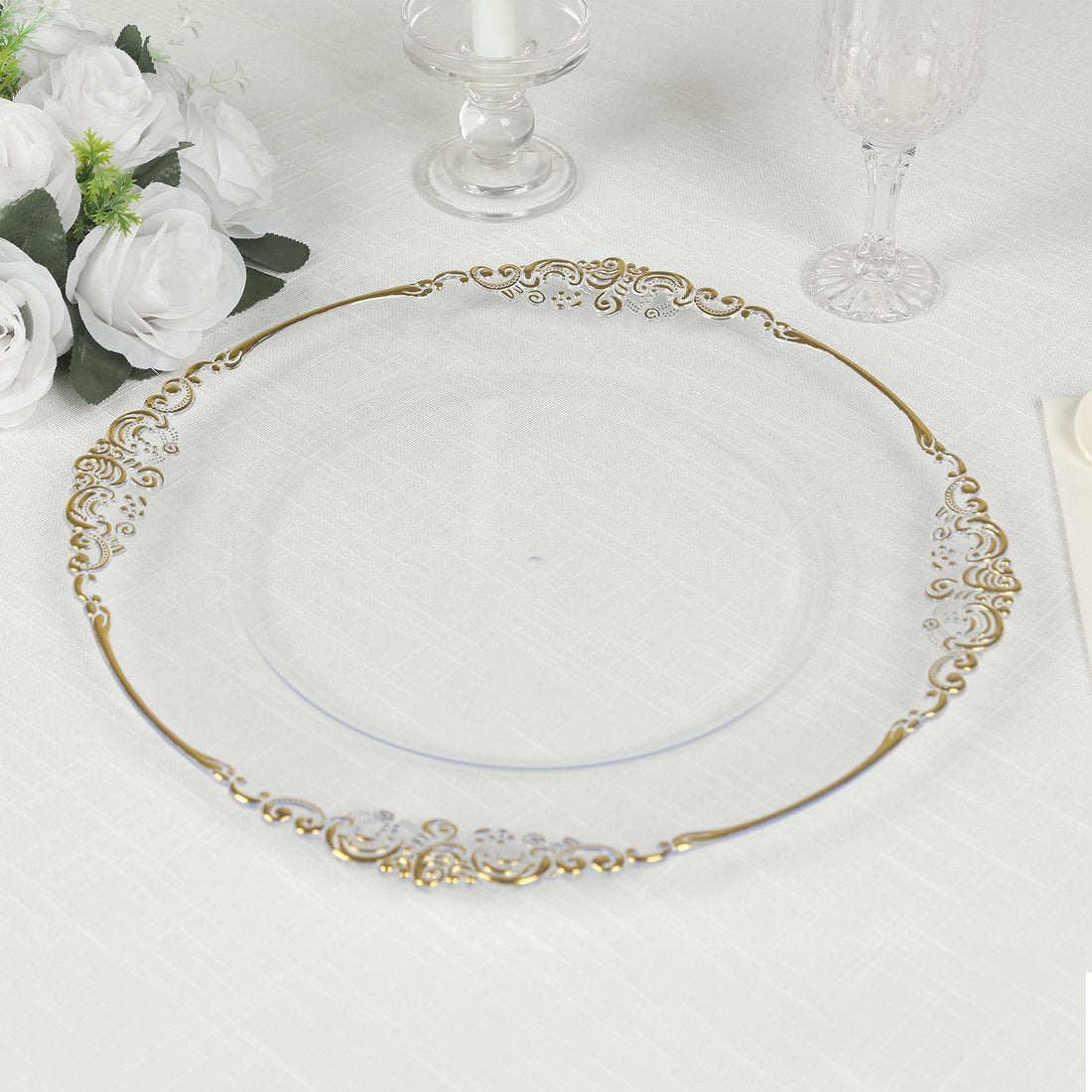 20 Pack Clear Gold Economy Plastic Charger Plates with Embossed Baroque Rim Round Decorative Serving