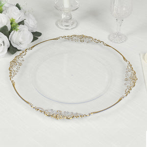 20-Pack Economy Plastic Charger Plates 13" Round Clear with Gold Embossed Baroque Rim - Stylish Dinner Party Serving Plates