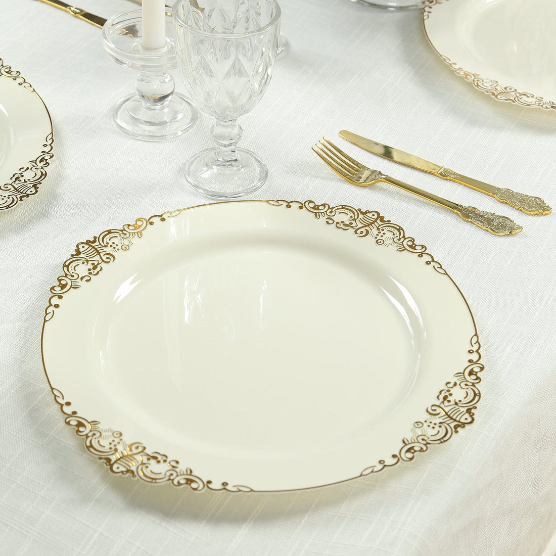 20-Pack Economy Plastic Charger Plates 13inch Round Ivory with Gold Embossed Baroque Rim