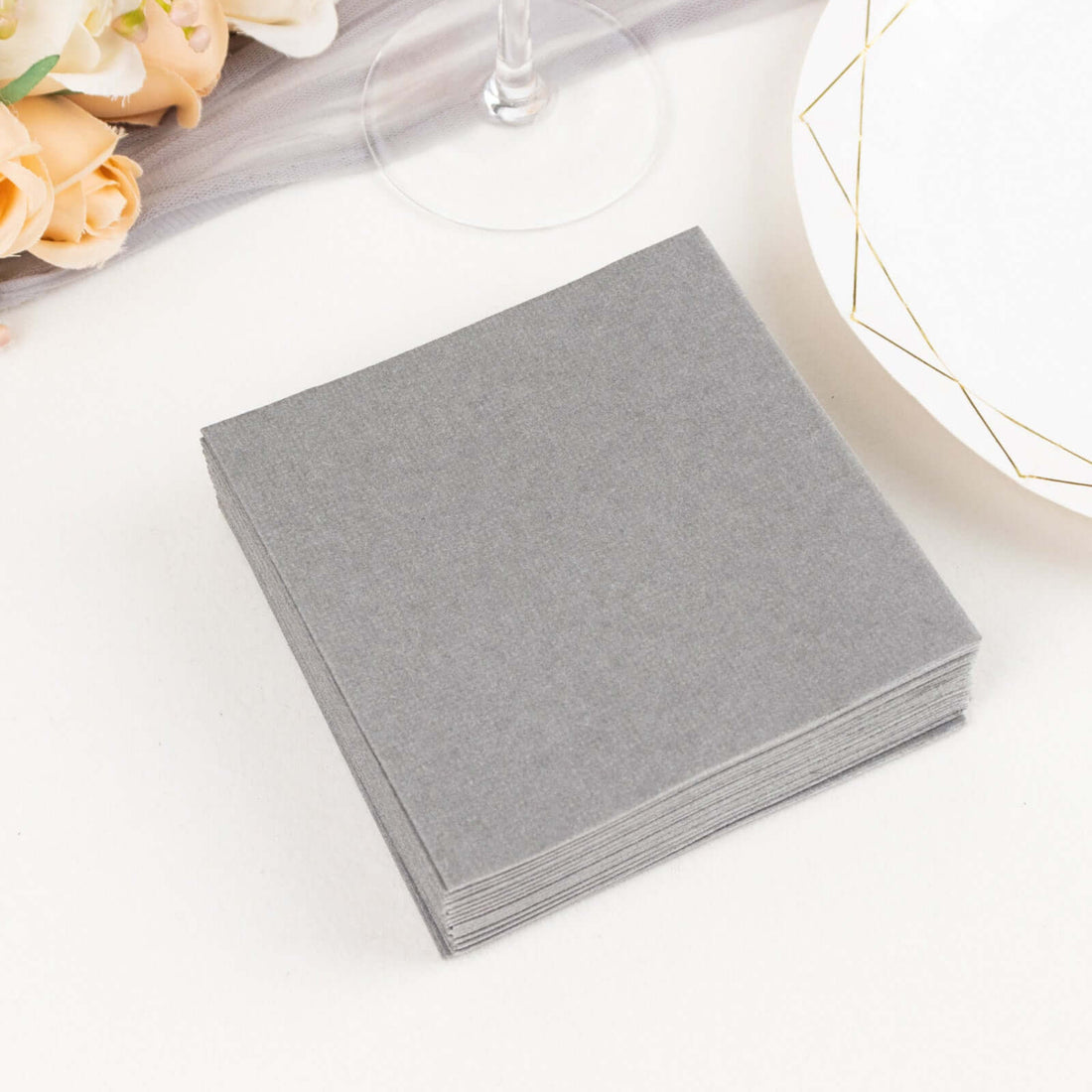20 Pack | Silver Soft Linen-Feel Airlaid Paper Beverage Napkins, Highly Absorbent Disposable