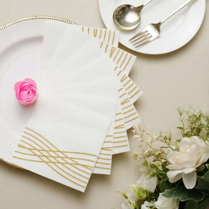 20 Pack Linen-Like Paper Napkins 5"x5" White - Gold Foil Wave Design, Soft & Absorbent Airlaid Party Napkins