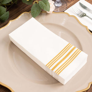 20 Pack Linen-Like Paper Napkins 8"x4" White With Gold Lines - Soft Hygienic Airlaid Guest Towels for Formal & Casual Dining