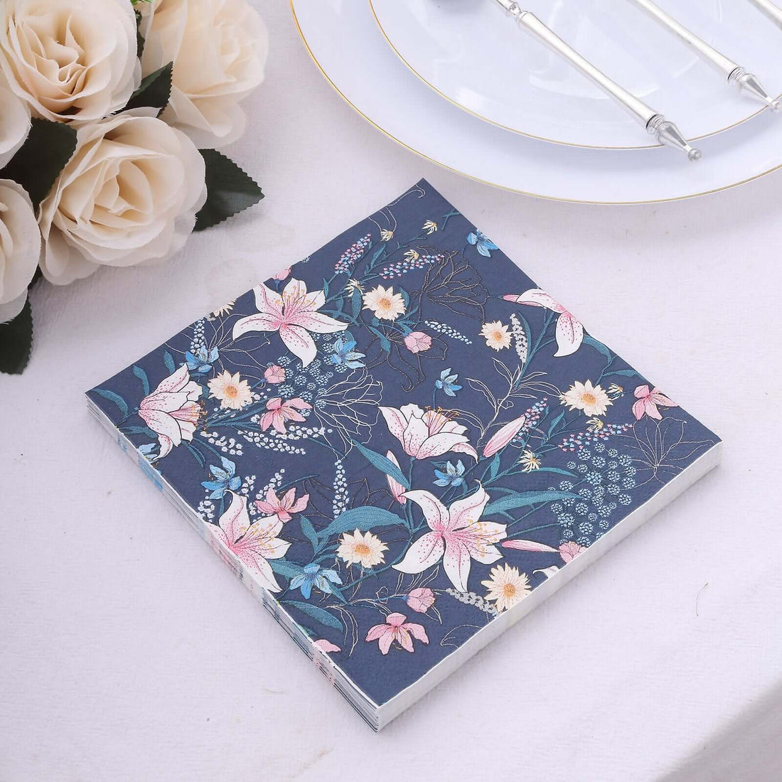 20 Pack Navy Blue Water Lilly Floral Paper Cocktail Napkins, Disposable Decoupage Beverage