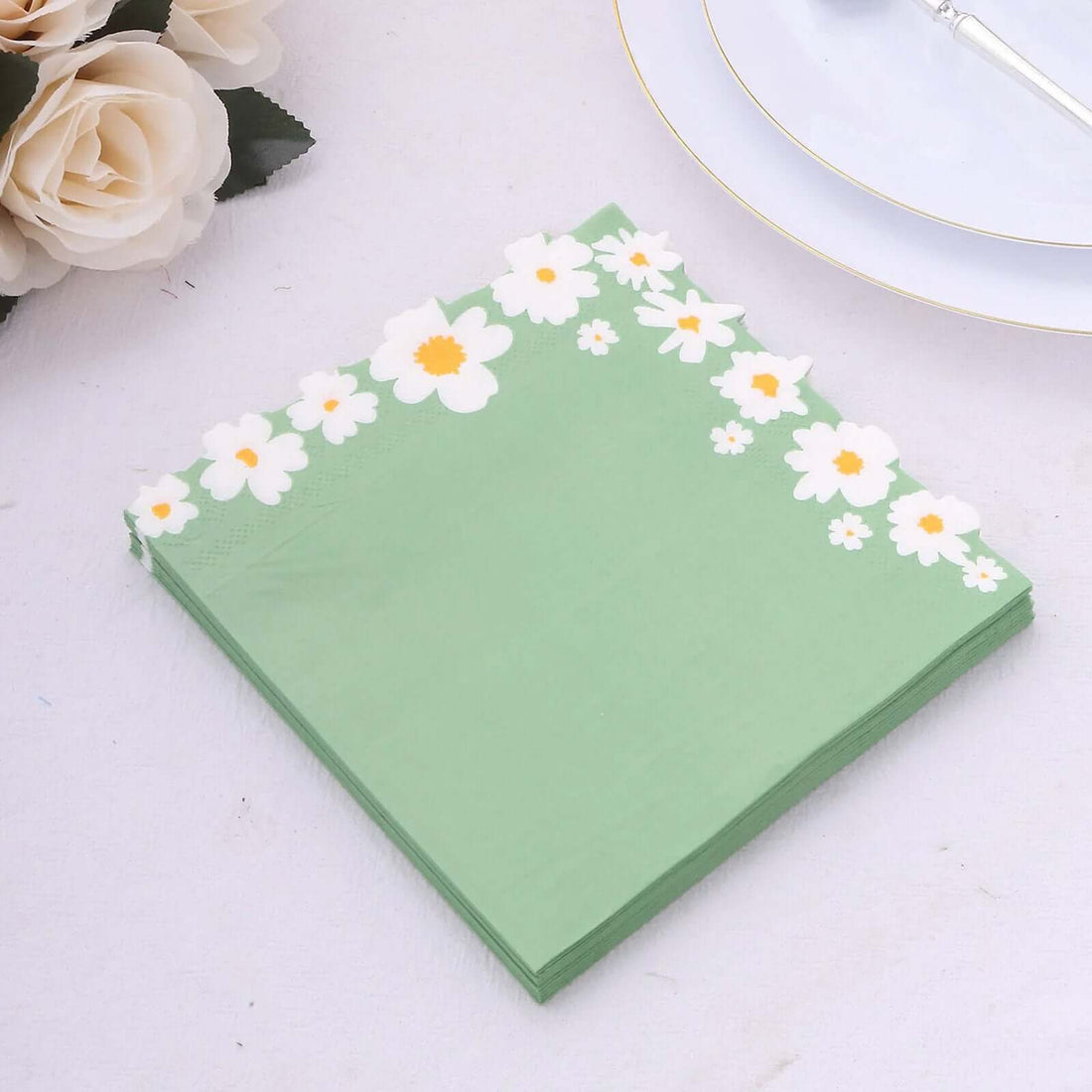 20 Pack Sage Green Daisy Flower Paper Cocktail Napkins, Disposable Beverage Napkins