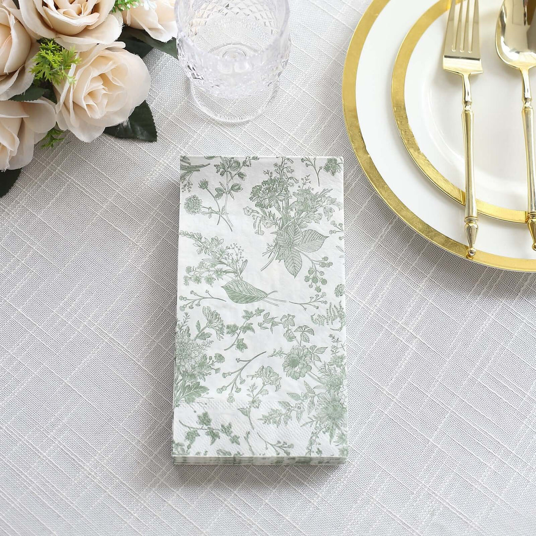 20 Pack Sage Green Floral Toile Print Soft 2-Ply Dinner Paper Napkins, Highly