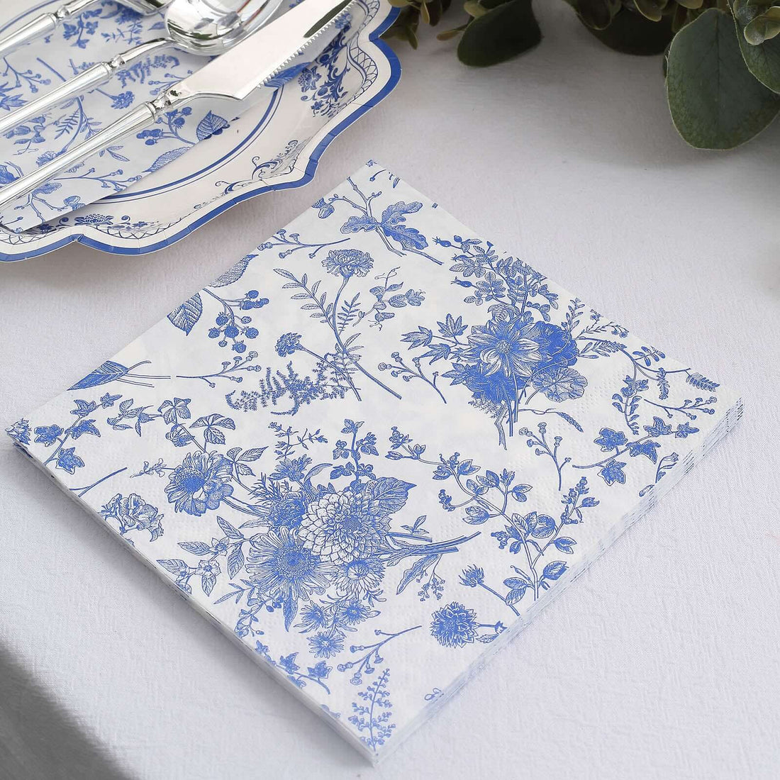 20 Pack White Blue 2-Ply Paper Cocktail Napkins in French Toile Print