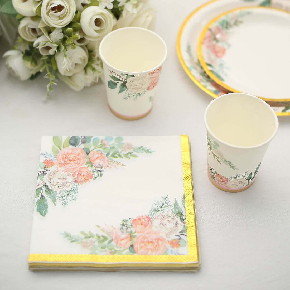 20 Pack | White Gold Trim Pink Peony Floral Design Paper Napkins